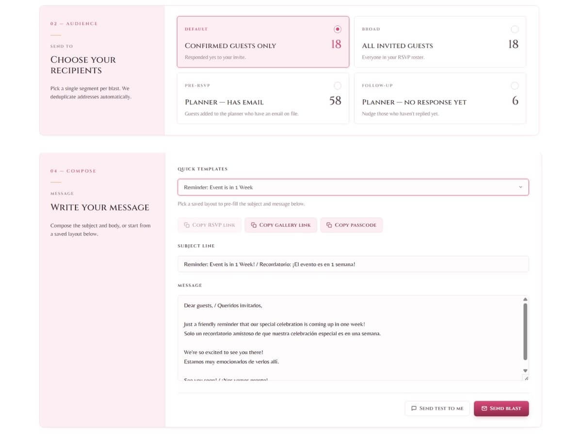 Email blast composer in dashboard