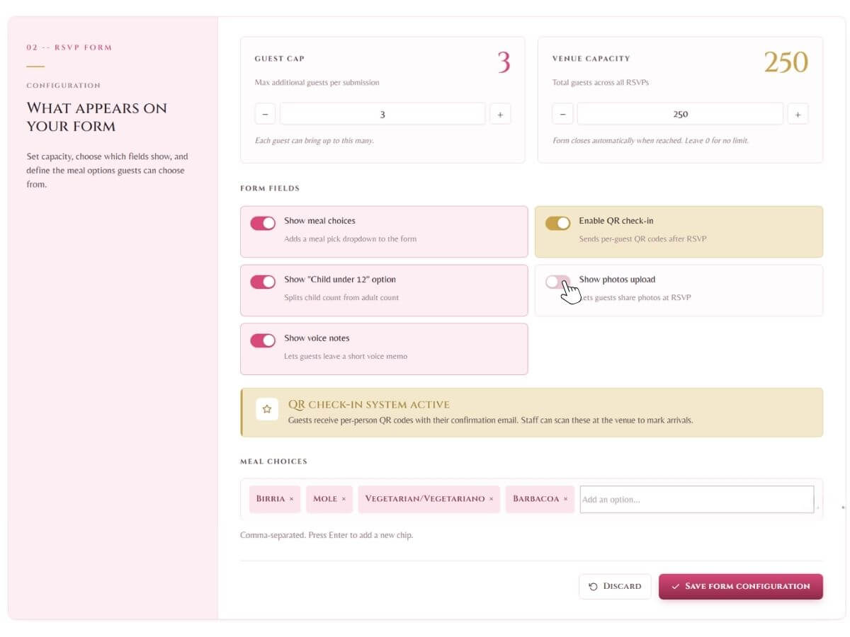 Customizable RSVP form options