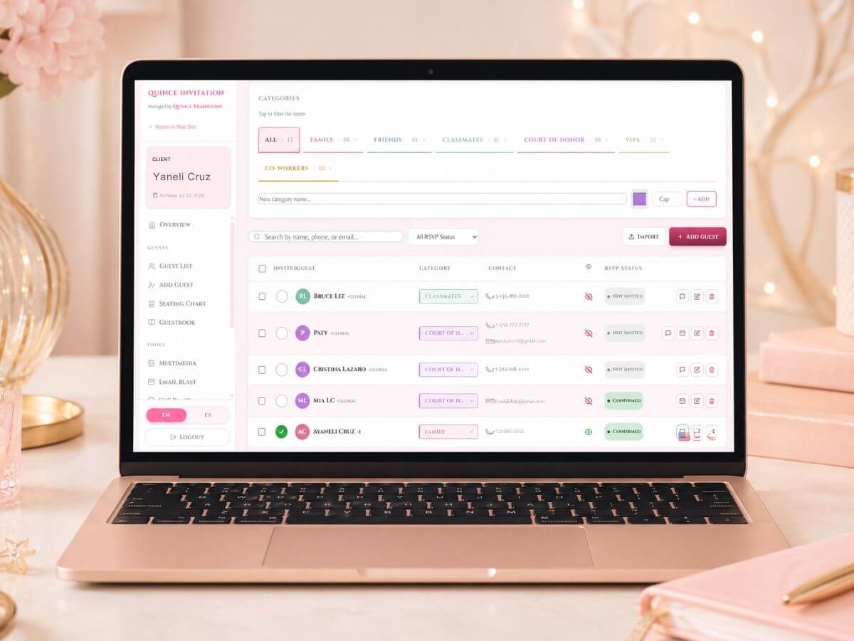 Advanced guest list planner with categories and plus-ones