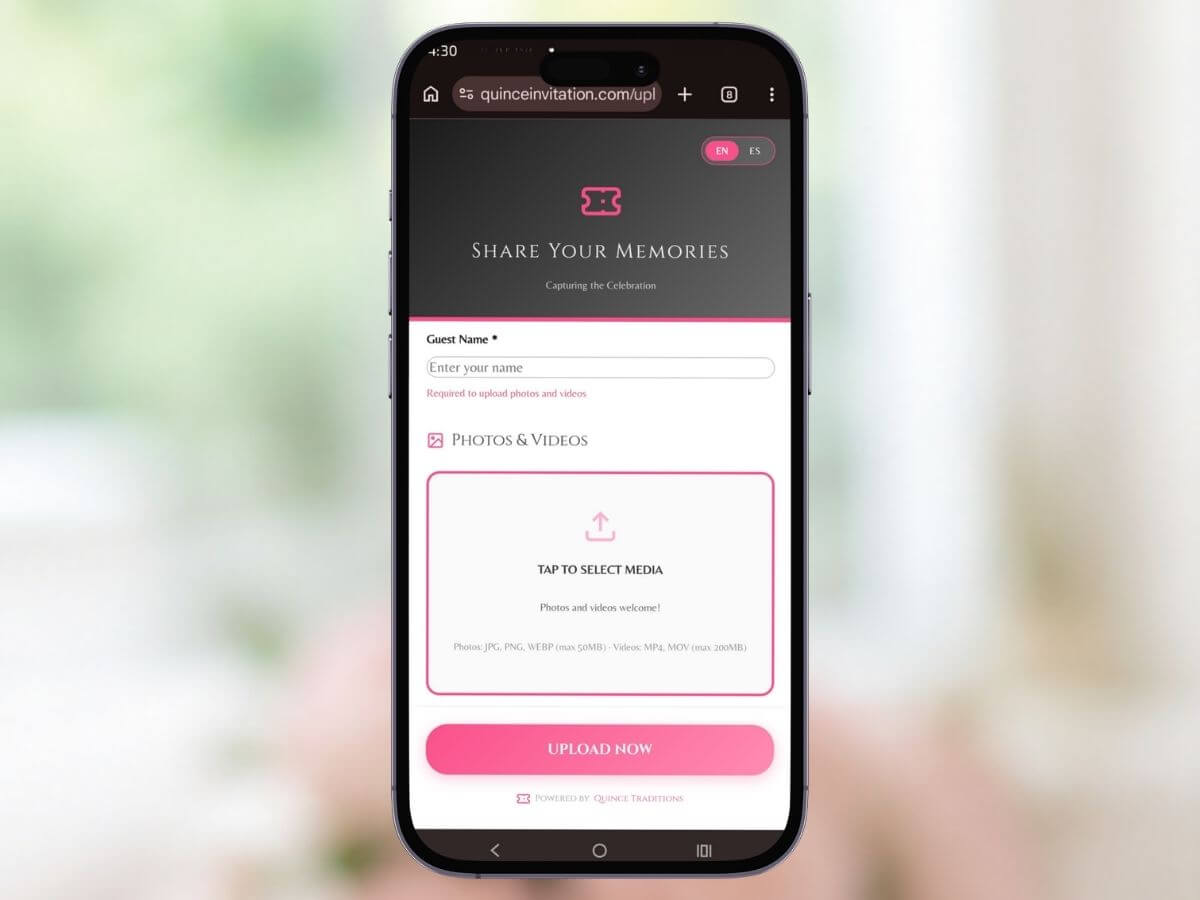 Guest photo and video uploads through RSVP form