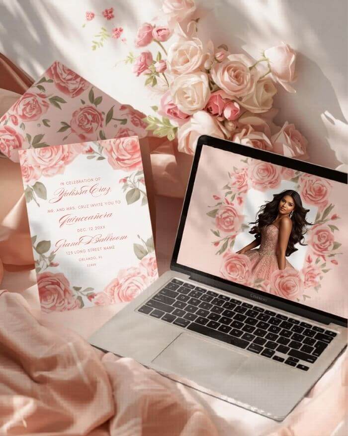 Digital and printed quinceañera invitation, side by side