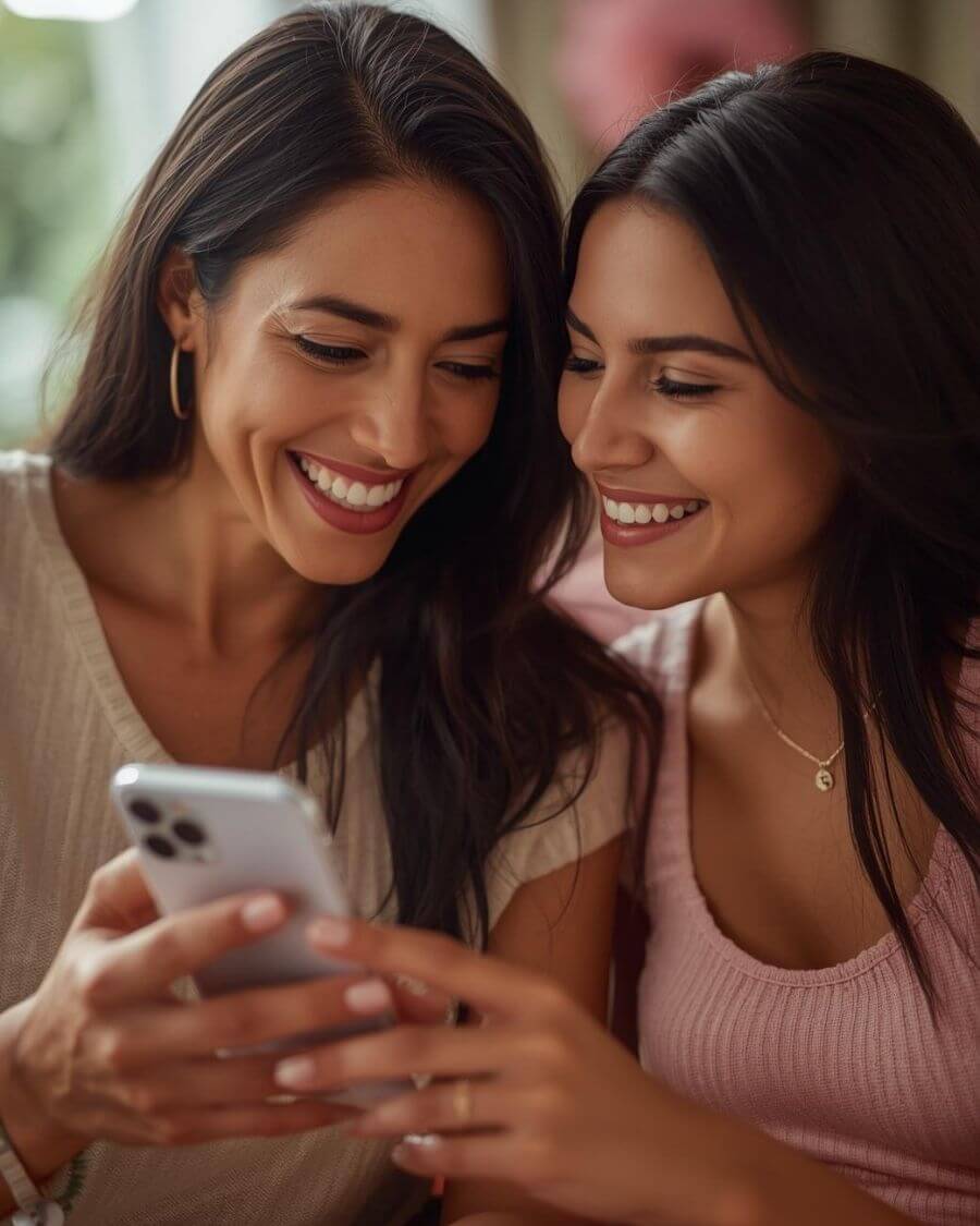 Mother and daughter sharing the quinceañera invitation link