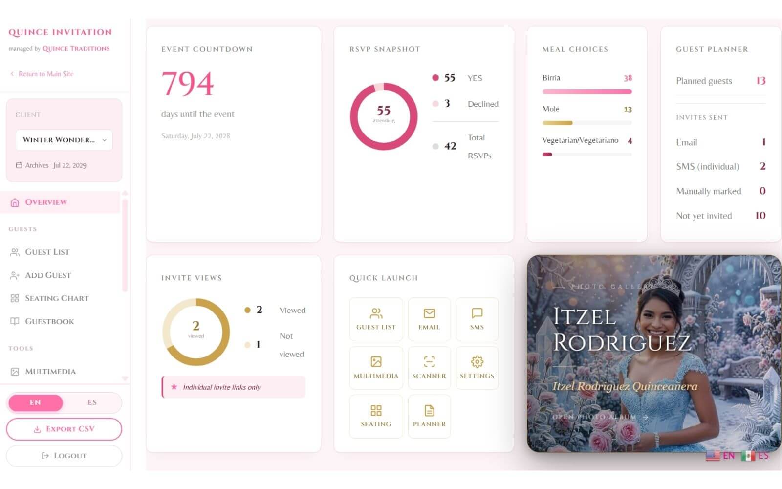 Quince Invitation host dashboard — RSVP overview